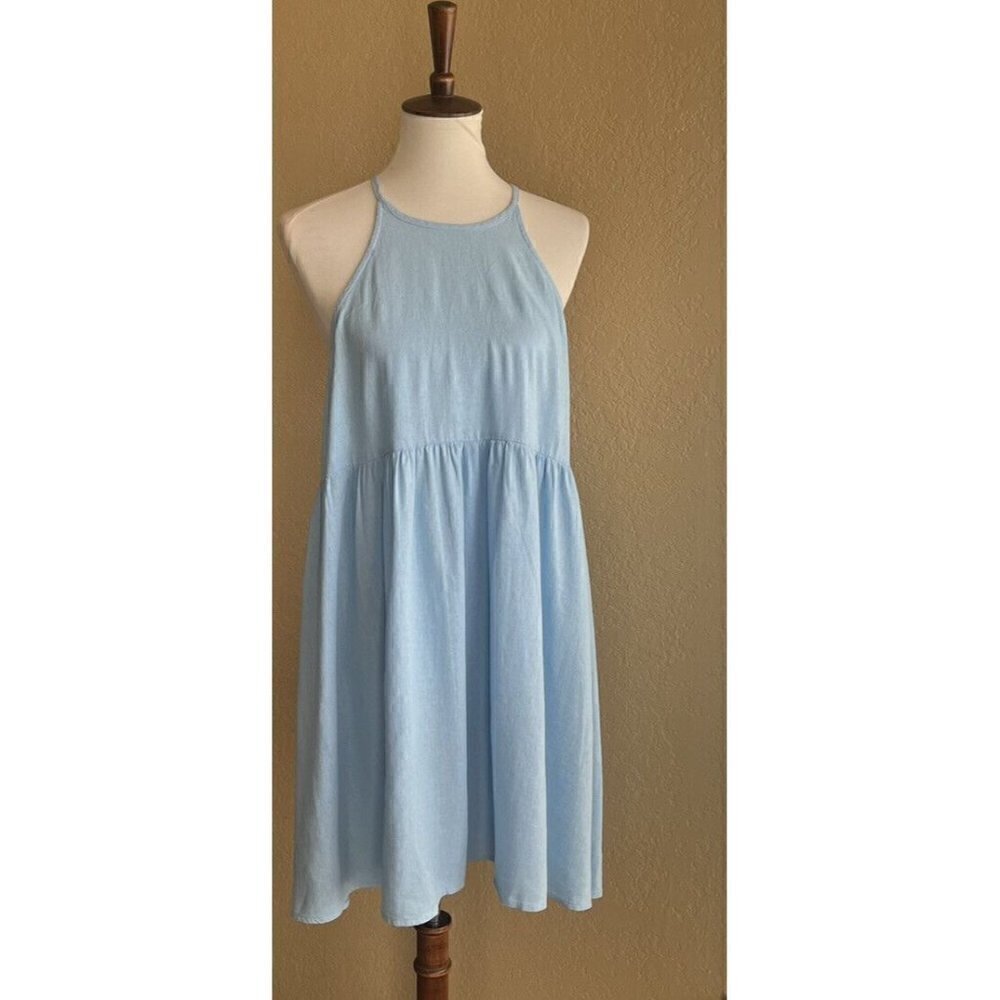 Abound Women's Blue Linen Strappy Keyhole Casual Summer Dress Size L
